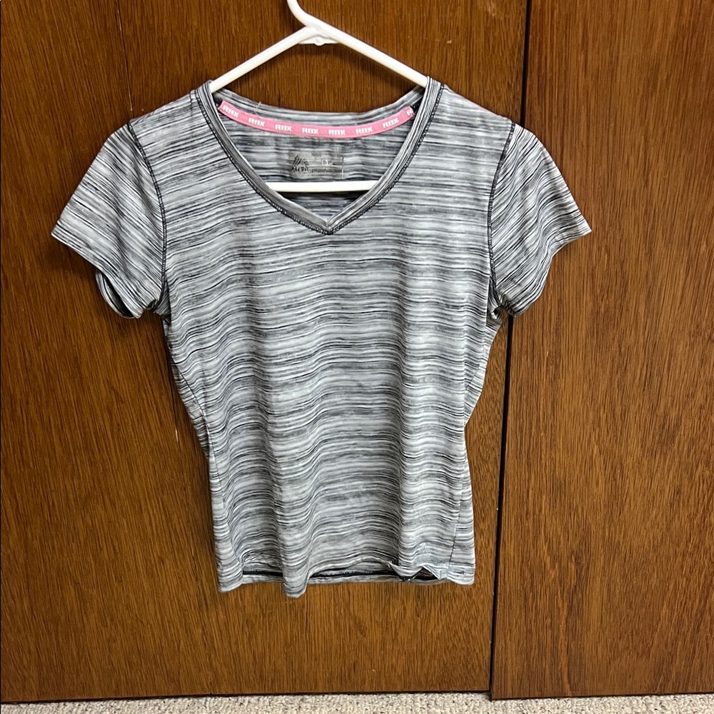 RBX Black and Gray Striped V-Neck Tee